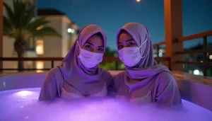 KL Escort Girl Two women in hijabs and masks in a hot tub with purple lighting, possibly escort girls. Malay Escort
