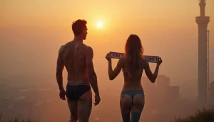 KL Escort Girl Man and escort girl holding a street sign at sunset Malay Escort