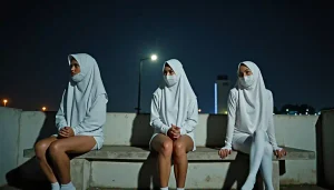 KL Escort Girl Three women in white hijabs and masks, one escort girl Malay Escort