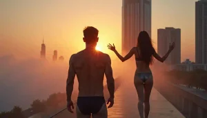 KL Escort Girl Couple on rooftop at sunrise, possibly in Kuala Lumpur Malay Escort